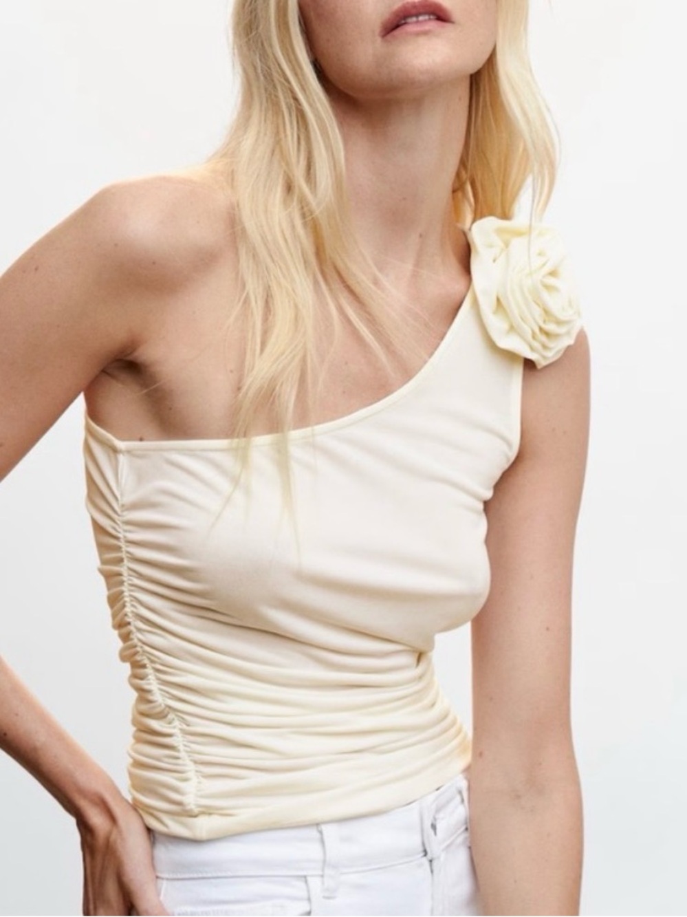 Mango Cream One-Shoulder Tank with Rosette Detail